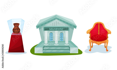 Museum Exhibit with Ceramic Vase and Royal Armchair Vector Set