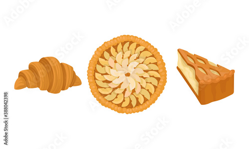 Baked Sweet Pie with Filling and Crust Made of Shortcrust Pastry and Croissant Vector Set