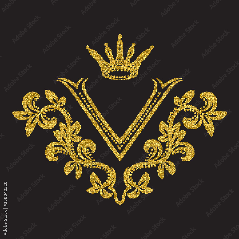 Golden glittering letter V monogram in vintage style. Heraldic coat of arms with halftone effect. Baroque logo template.