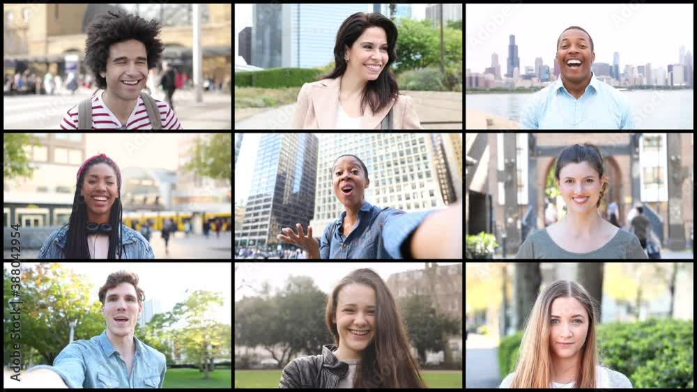 Happy multiethnic people in a video call - Group video conference mosaic collection showing diversity and happiness - Smiling multicultural faces looking at camera Happy multiethnic people in a video call - Group video conference mosaic collection showing diversity and happiness - Smiling multicultural faces looking at camera