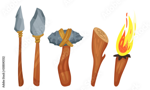 Stone Age Hunting Weapons with Stick and Spear Vector Set