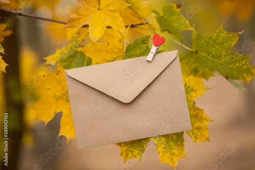 Brown craft paper envelope with space for text on clothespin on autumn leaves background. Colorful backround image. Romantic wedding invitation.