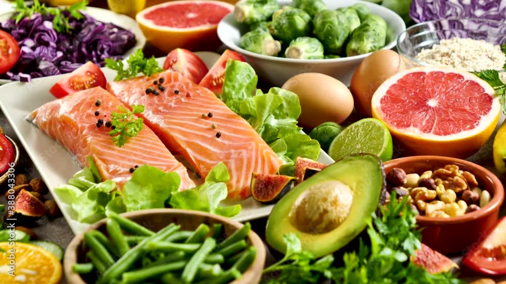 healthy food selection with fruit, vegetable, nut,fish and cereals healthy food selection with fruit, vegetable, nut,fish and cereals