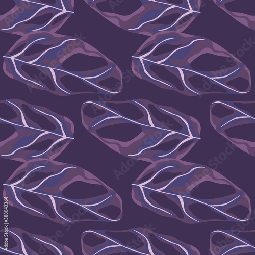 Simple seamless pattern with marble monstera leaves ornament. Purple colored foliage. Creative botanic backdrop.