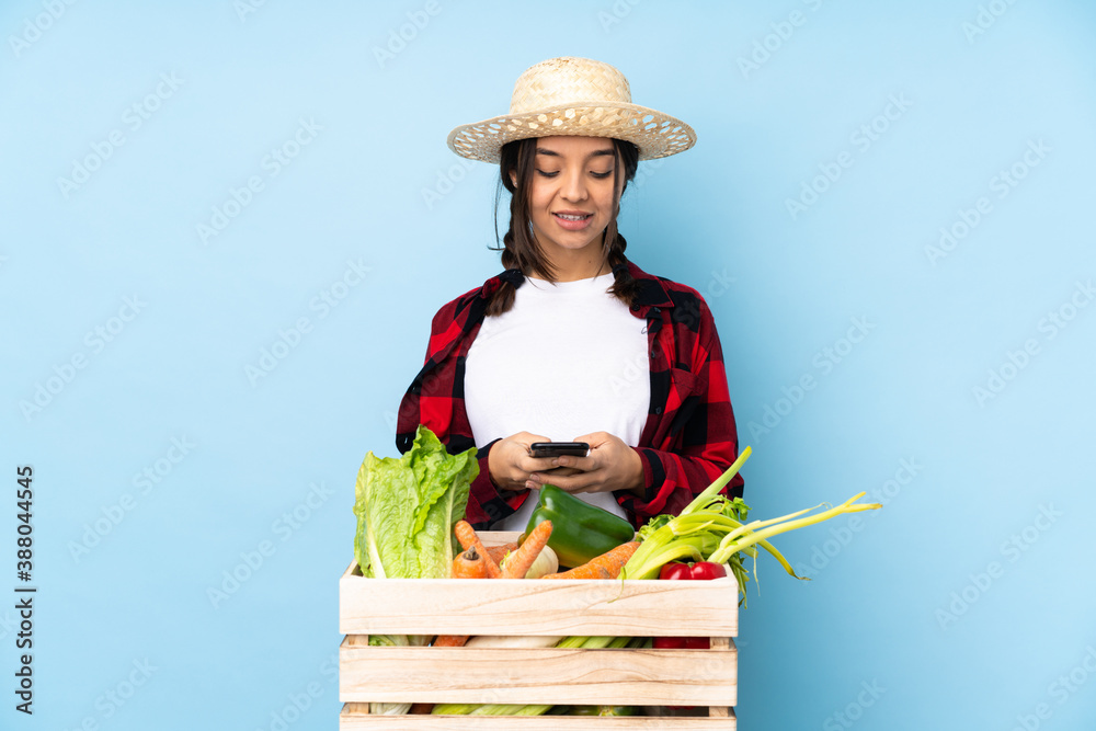 Young farmer Woman holding fresh vegetables in a wooden basket sending a message with the mobile
