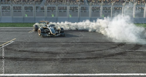 3d made formula car drifting with smoke on a 3d made track with animated crowd. photo