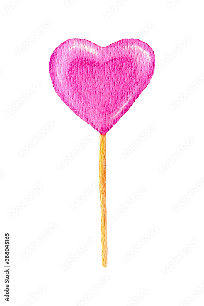 Watercolor Long Christmas candy, Heart-shaped lollipop on a stick. Pink candy Design for decorating paper, gifts, sweets, icons. New Year.