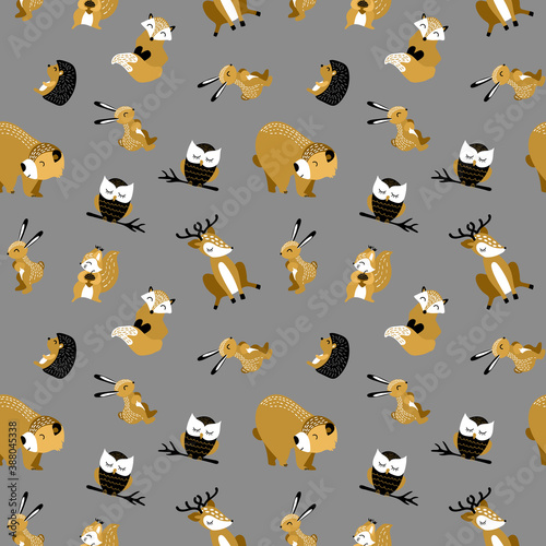 Seamless pattern with cute cartoon woodland animals on silver background. Vector illustration.