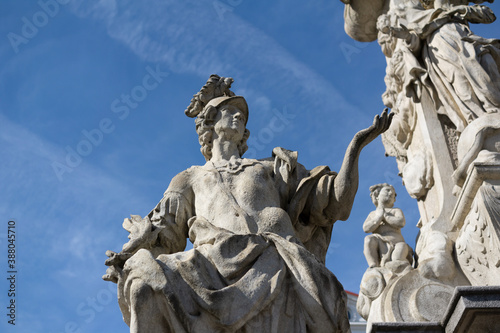 Statue and sculpture of Saint Primitiva, Holy trinity column, Brno, CZech Republic / Czechia - old historical figural landmark and monument. Shallow focus.