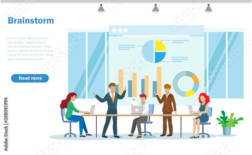 Group of businessman and woman brainstorming and analysing business growth graph in meeting at office. Idea for business strategy solution and and successful teamwork buildings concept.