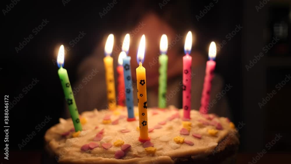 Birthday party cake with candles and a child prepares to blow the out Birthday party cake with candles and a child prepares to blow the out
