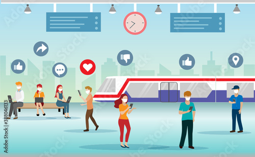 Passenger in railway train wearing face mask to protect from COVID-19 coronavirus and express their  emotion on social network via smart phone. New normal lifestyle in public transportation concept. 