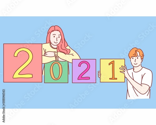 Man and woman with 2021 New year concept. Hand drawn flat character vector style.