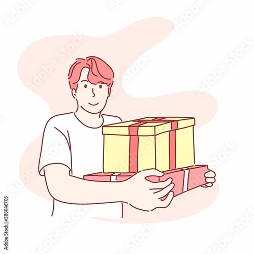 Happy man holding gift boxes. Hand drawn flat character style.