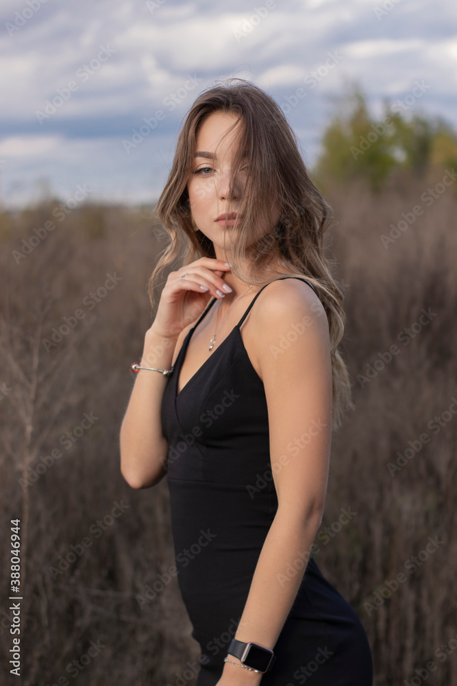 sensitive attractive slim brunette in skinny fitting black dress in the field. autumn, yellow leaves, blue sky.