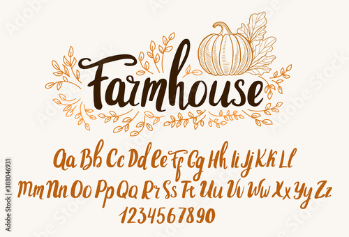 Farmhouse font. Typography alphabet with rustic illustrations. Handwritten script for and crafty design.