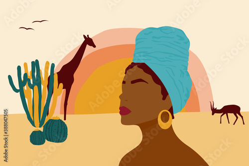 Young beauty african woman portearit. Abstract image for gift card, party invitation, bedroom wall art decor, modern poster, travel agency advertising.