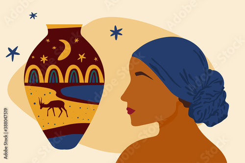 Young beauty african woman portearit. Abstract image for gift card, party invitation, bedroom wall art decor, modern poster, travel agency advertising.