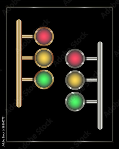 Road traffic lights with golden and silver framing isolated on black background