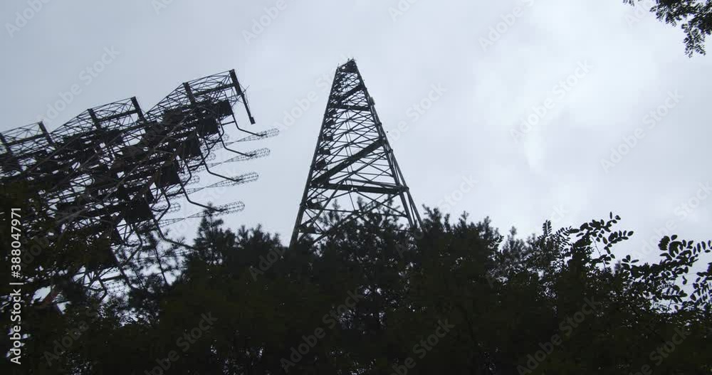 Duga Antenna At The Duga Radar Station In Chernobyl, Pripyat, Ukraine - low angle shot Duga Antenna At The Duga Radar Station In Chernobyl, Pripyat, Ukraine - low angle shot