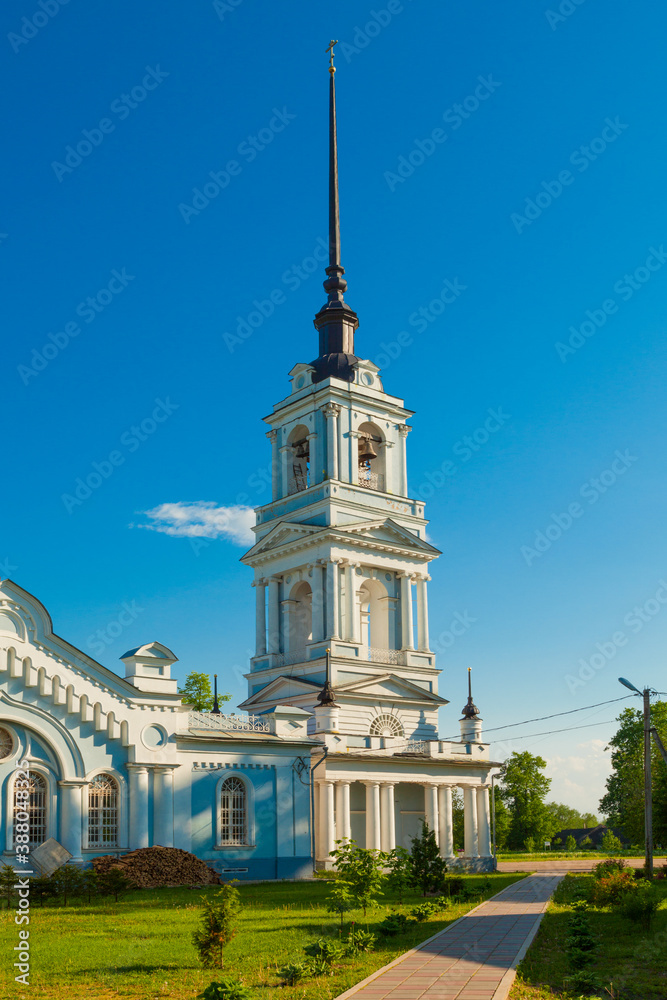 Fototapeta premium Bell tower of the Ascension Church in the city of Kalyazin, Tver region (Russia)