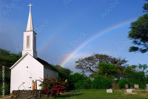 Rainbow over St Joseph Church Molokai Hawaii photo