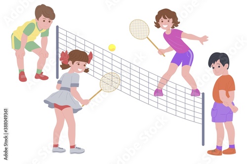 Happy children playing sport game. Boy and girl doing physical exercise. Kids playing tennis. Active healthy childhood. Flat vector cartoon illustration isolated on white background