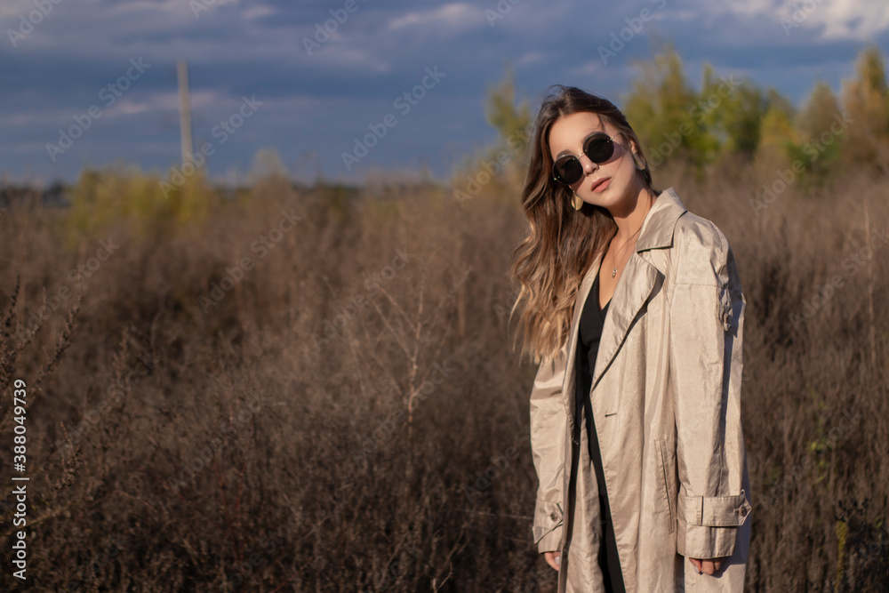 brunette in fashionable trench coat, black dress and sunglasses in the field. autumn, yellow leaves, blue sky.