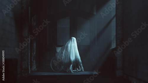 Ghost Evil Spirit Sitting in a Wheelchair in a Derelict Asylum Hospital 3d Illustration 