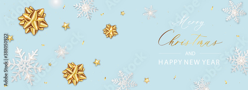 Merry Christmas banner. Background Xmas design poster of sparkling lights star and snowflake and glitter gold confetti.