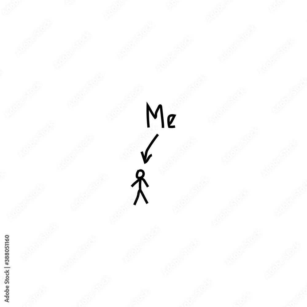 Thats me doodle. Abstract figure man with curved arrow pointer cheerful character. Thats me doodle. Abstract figure man with curved arrow pointer cheerful character.