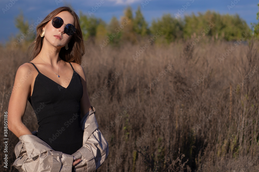 brunette in fashionable trench coat, black dress and sunglasses in the field. autumn, yellow leaves, blue sky. brunette in fashionable trench coat, black dress and sunglasses in the field. autumn, yellow leaves, blue sky.