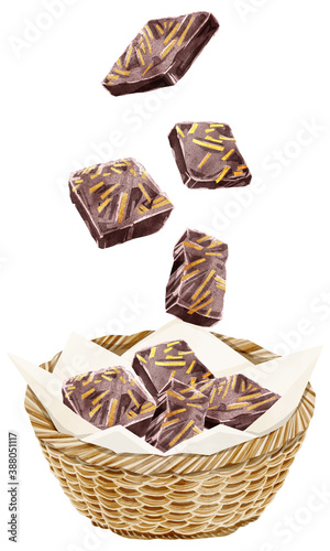 カゴに入った金のチョコレートクッキー水彩風イラスト