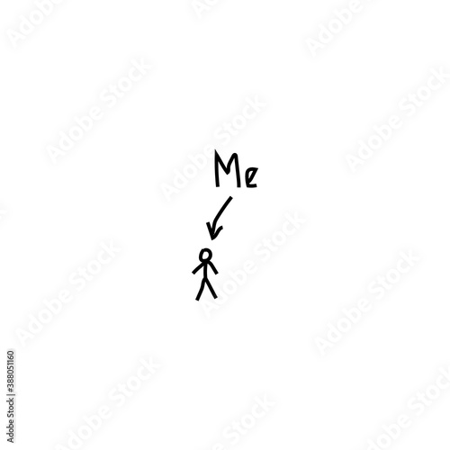 Thats me doodle. Abstract figure man with curved arrow pointer cheerful character.