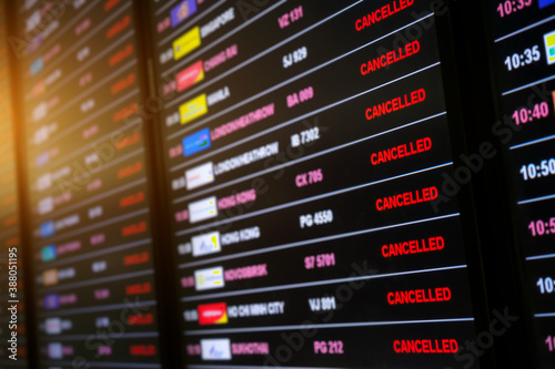 View of Cancelled flight display on Flight boarding in airport due to outbreak of Covid-19