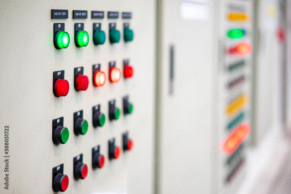 View of Electrical main distribution unit with selecter switch, push switch and pilot lamps. View of Electrical main distribution unit with selecter switch, push switch and pilot lamps.