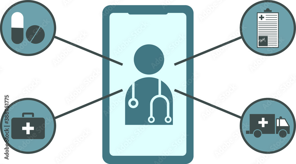Smartphone E-Health Services Showing Doctor Icon on the Phone Screen and Medical Report, Ambulance, Medicine or Drugs and First Aid Box Icons. Smartphone E-Health Services Showing Doctor Icon on the Phone Screen and Medical Report, Ambulance, Medicine or Drugs and First Aid Box Icons.