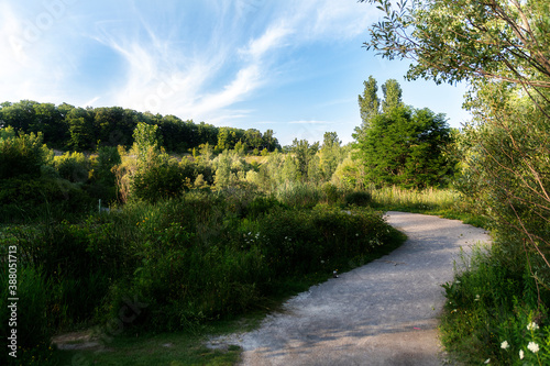 A walking path winds its way through lush green nature in the late afternoon on a bright and sunny summer day at the Don Valley (Evergreen) Brickworks in Toronto (Scarborough), Ontario. photo
