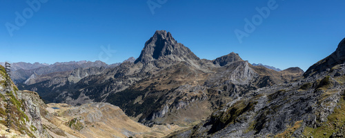 Panorama of Ossau Valley with Pic du Midi d'Ossau mountain, Pyrenees National Park, France