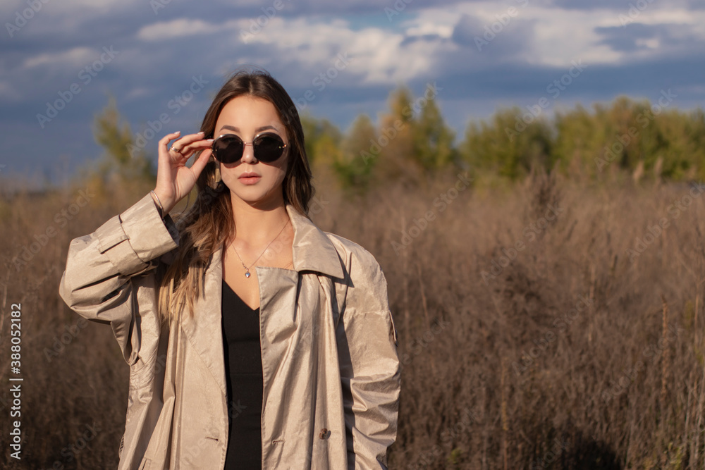 brunette in fashionable trench coat, black dress and sunglasses in the field. autumn, yellow leaves, blue sky. brunette in fashionable trench coat, black dress and sunglasses in the field. autumn, yellow leaves, blue sky.