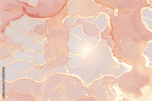 Luxury blush rose, and gold stone marble quartz texture. Alcohol ink technique abstract vector background. Modern paint in natural colors with glitter. Banner, poster design template.