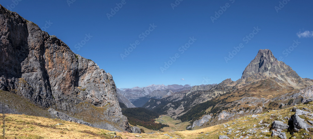 Panorama of Ossau Valley with Pic du Midi d'Ossau mountain, Pyrenees National Park, France