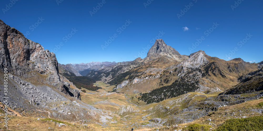Panorama of Ossau Valley with Pic du Midi d'Ossau mountain, Pyrenees National Park, France