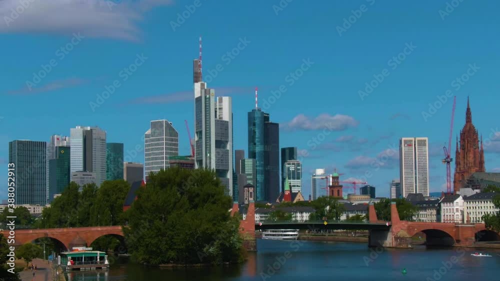 Aerial view of the streets of Frankfurt in Germany, driving on top of an bus on a sunny morning in Spring. Aerial view of the streets of Frankfurt in Germany, driving on top of an bus on a sunny morning in Spring.