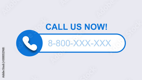 Phone call us now template. Blue mobile call with subscriber number modern digital user connection.