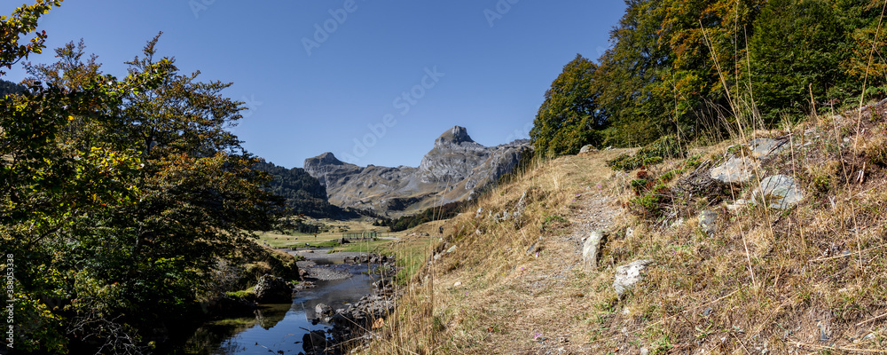 Pyrenees mountains with small river in Ossau valley, Pyrenees National Park, France Pyrenees mountains with small river in Ossau valley, Pyrenees National Park, France
