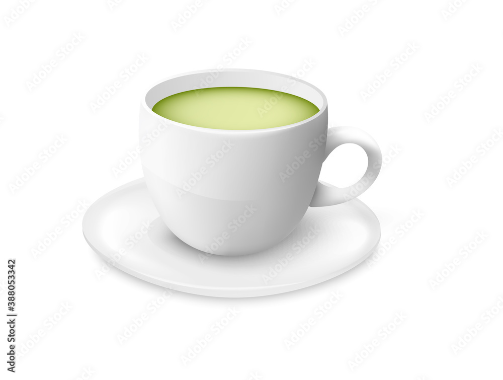Green tea white porclain cup mockup, realistic vector illustration isolated