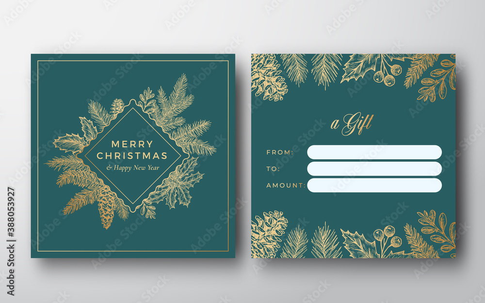 Merry Christmas Abstract Vector Greeting Gift Card Background. Back and Front Design Layout with Classy Typography. Sketch Frame Emblem Pine Twigs with Strobile, Holly and Mistletoe. Isolated - obrazy, fototapety, plakaty 