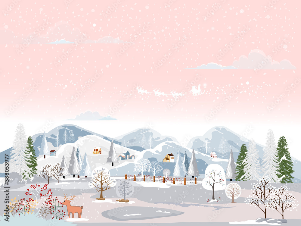 Winter Landscapevector Winter Wonderland Banner At Village With