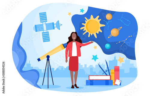Abstract astronomical concept. A girl against the backdrop of a telescope and constellations showing a map of the starry sky and planets of the solar system. Flat cartoon vector illustration.